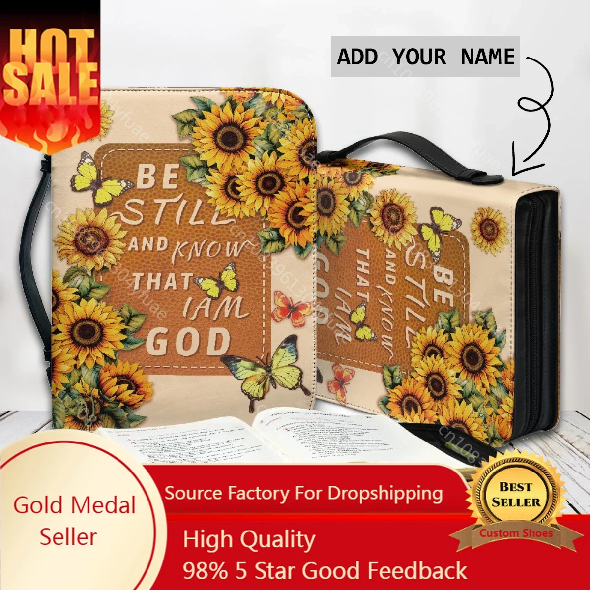 

Be Still and Know That I Am God Bibel Hymn Print Bible Storage Bag Sunflower Butterflies Design Customized Bible Cover Case 2023