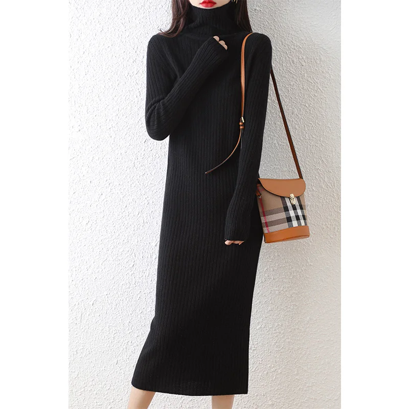 Autumn Winter High Elasticity 100% Wool Thicken Sweater Dress Warm Basic Knit Pullovers Women Slim Dress Female Casual Dresses