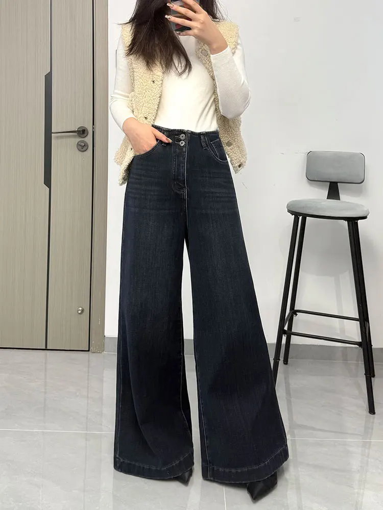 

Двойные синие женские джинсы Cosite Thi Velvet с высокой талией, четырехсторонние эластичные зимние теплые размеры, гонконгские джинсы в стиле ретро