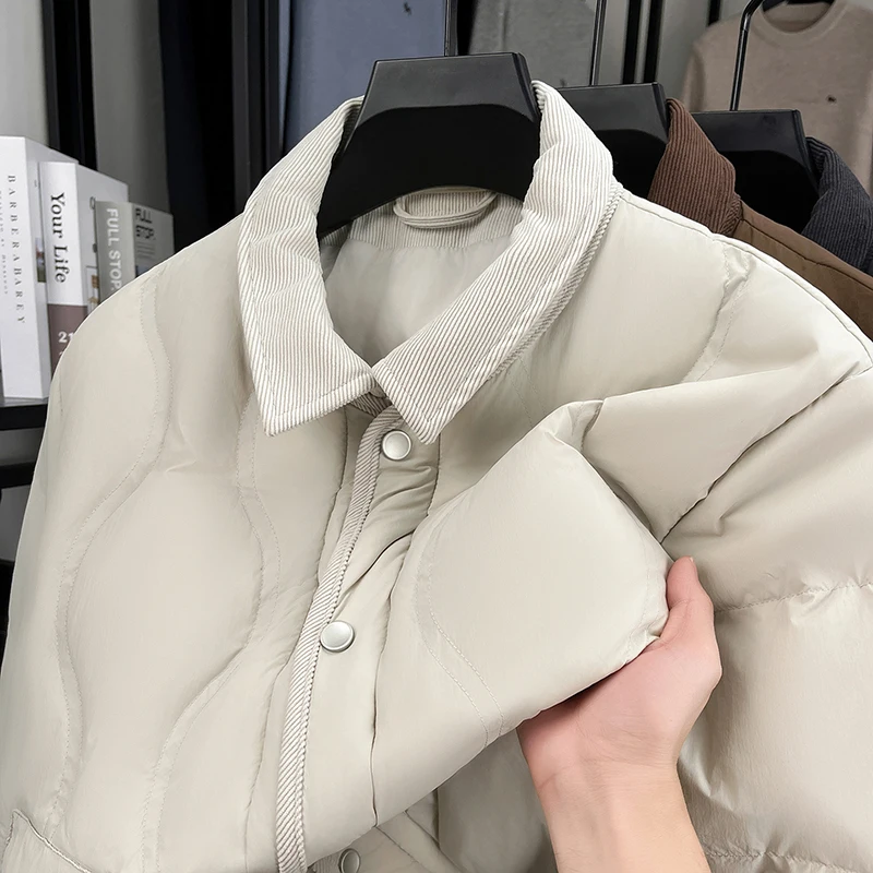 

Новая зимняя легкая теплая куртка для мужчин с 90% пуховым наполнителем из полиэфирного волокна, повседневная, с отложным воротником, дышащая, с защитой от катышков