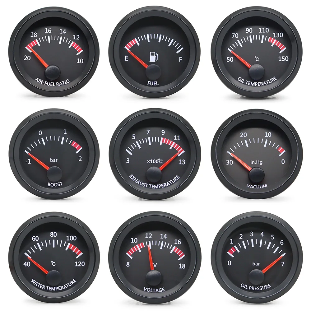 52MM Gauge 12V Water Temp Oil Temp Gauge Oil Press Fuel Volts Gauge Air Fuel Ratio Boost Exhaust Temp Meter Black Face Gauge