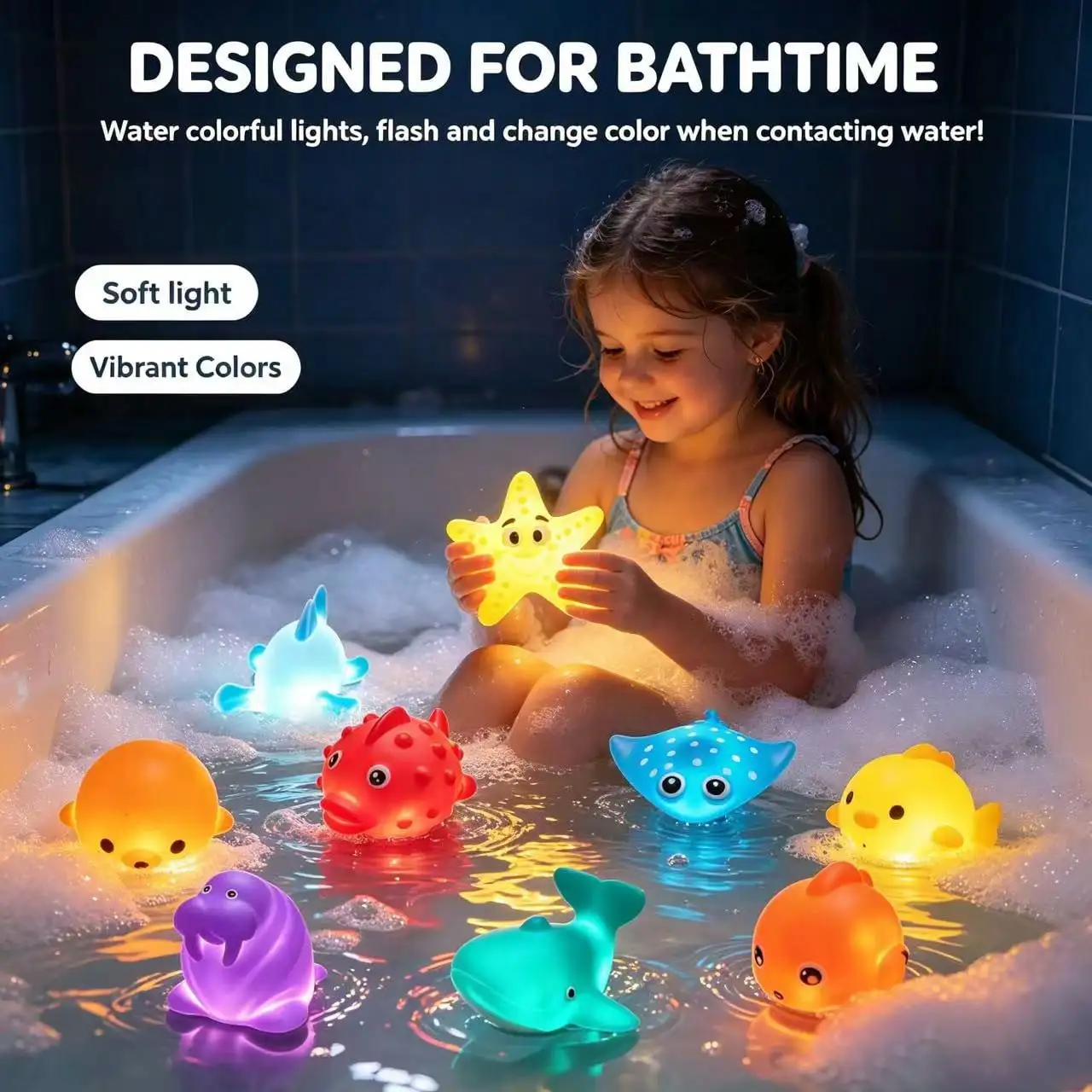 Glitter Colorful No‑Hole Bath Toys, Light‑Up Sea Animal Fishing Toy Set, Floating Bathtub Water Play Toys for Kids, Safe Tub Bathroom Game Toy, Waterproof Light‑Up Marine Creatures, Fun Water Toy for Bath Time, Pool Party Interactive Play Toy