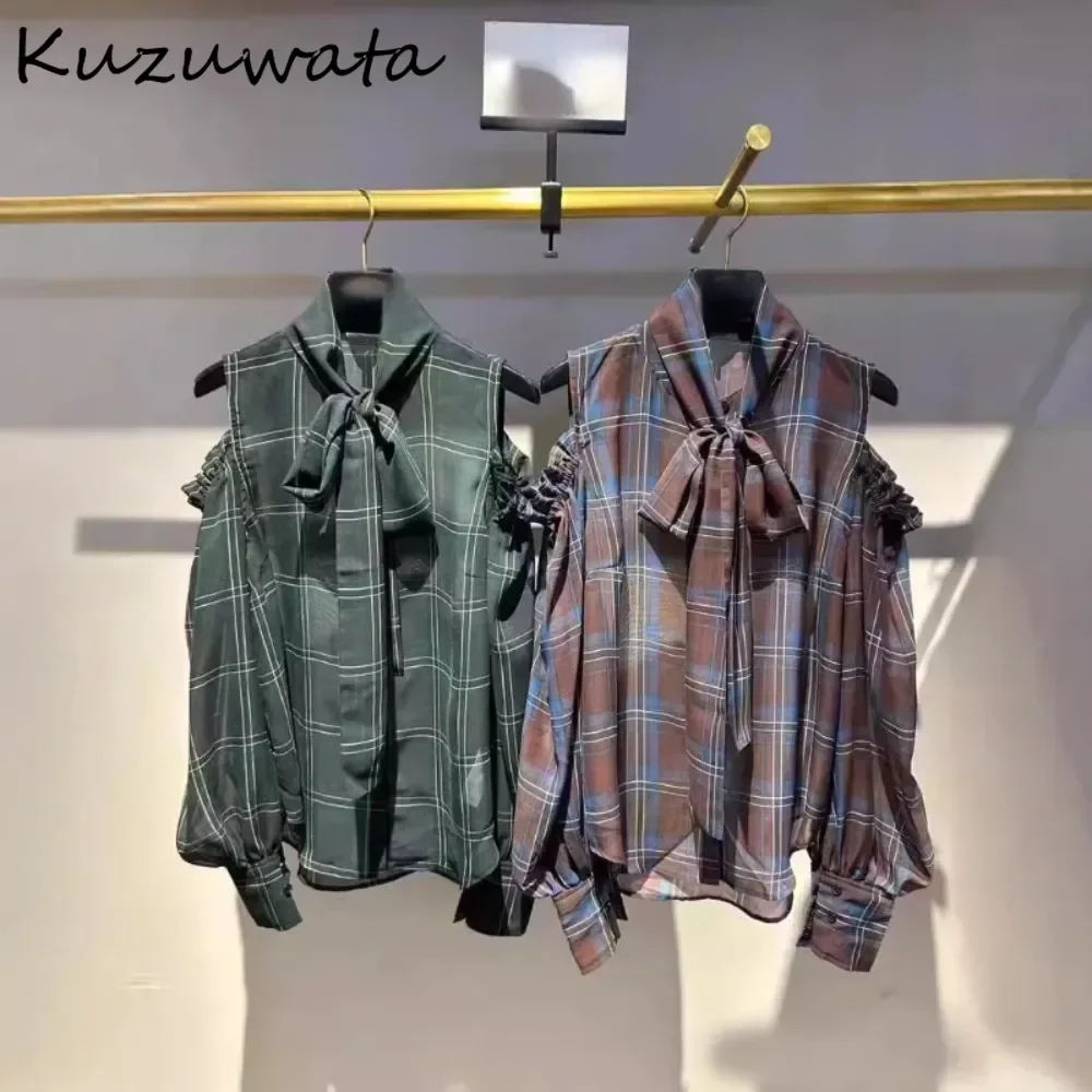 Kuzuwata Vintage Simple Stand Collar Lantern Sleeve Plaid Shirt Off Shoulder Tie All-match Blusas Japan Print Button New Blouses