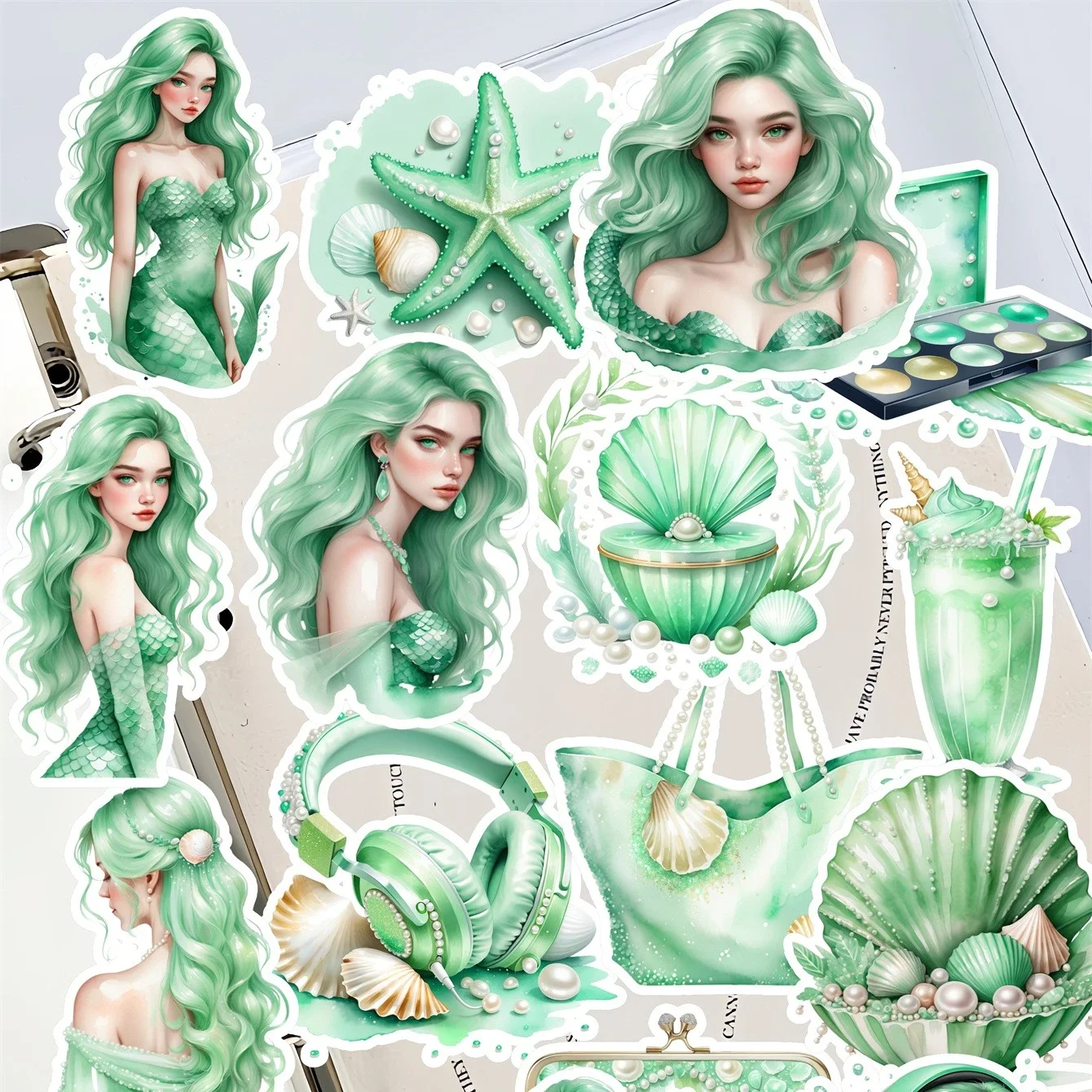 

1set Watercolor Mint Modern Mermaid Graffiti Stickers, Stationery, Notebook, Account Materials, Phone Cases, Luggage, Guitar