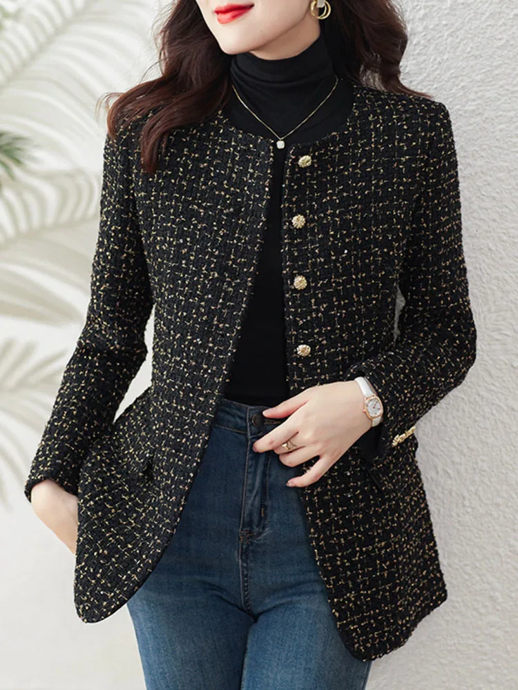 Women Fashion Tweed Double Breasted Black Blazer Coat Vintage Long Sleeve Flap Pockets Female Outerwear Chic Suit Femme