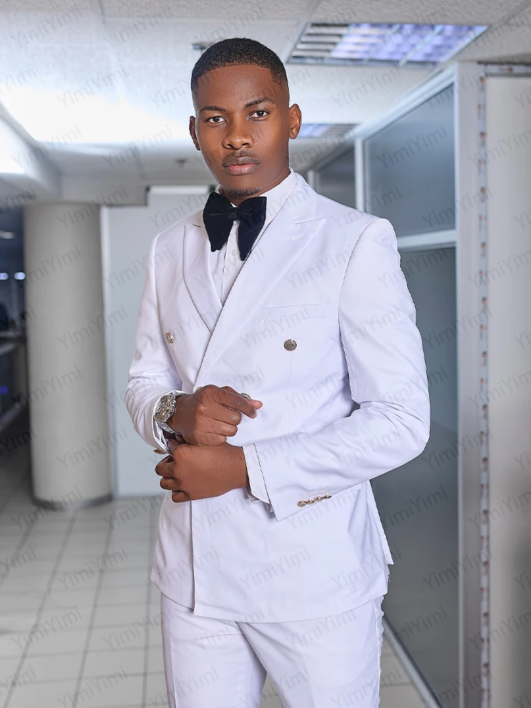 Abiti da uomo eleganti da sposa con risvolto a punta doppio petto abito da sposo bianco blazer giacca civile africana set da ballo slim personalizzato