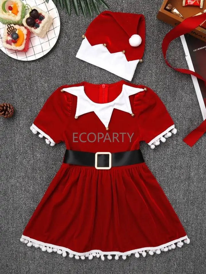 Traje de Natal feminino, vestido de princesa com cinto, chapéu manga curta, vestido de Papai Noel, terno festivo infantil