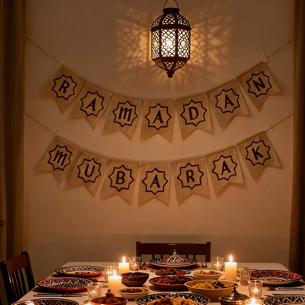 Ramadan Mubarak Hessische Wimpelkette Muslim Islamisches Kareem Eid Al-Fitr Zuhause Dessert Tischwand Hängende Dekoration Schild Hintergrund Geschenk