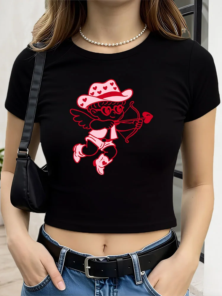 Cupid Shooting Arrows Women Graphic Crop Top Black Short Sleeve Slim Fit T-Shirt Basic Summer Top