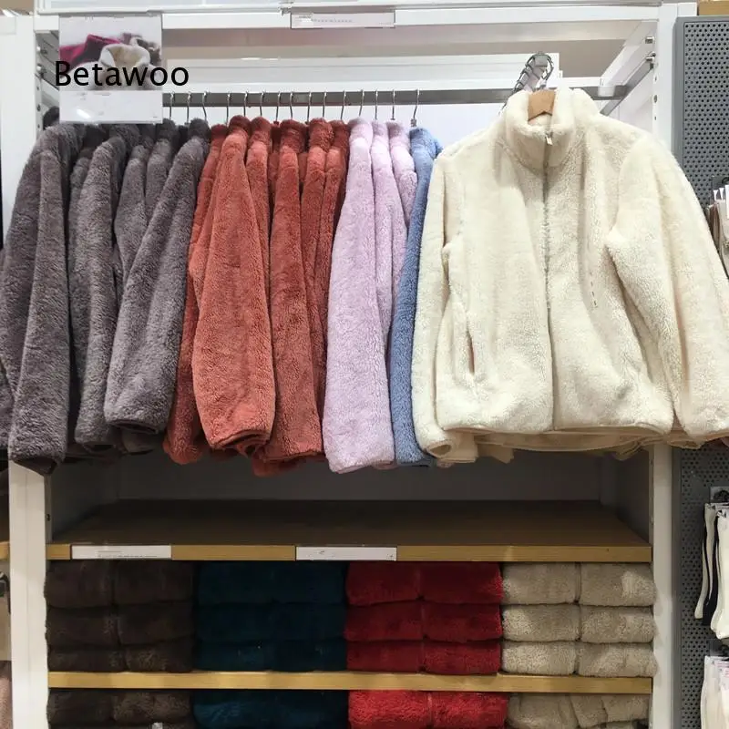 Women Stand Collar Fleece Jacket Long Style Coral Fleece Cardigan With Polar Fleece Fabric Warm Fluffy Outerwear Suitable
