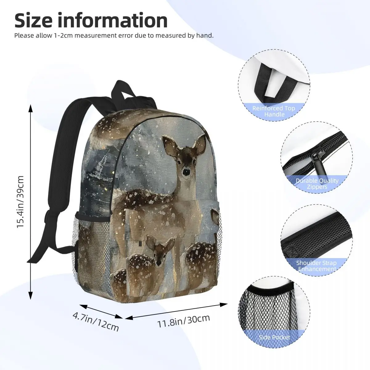 Sika Deer In Snow Forest Backpack Daypack Large Capacity Boys Girls BookBag Shoulder Bags for Men Women Kids School Bag