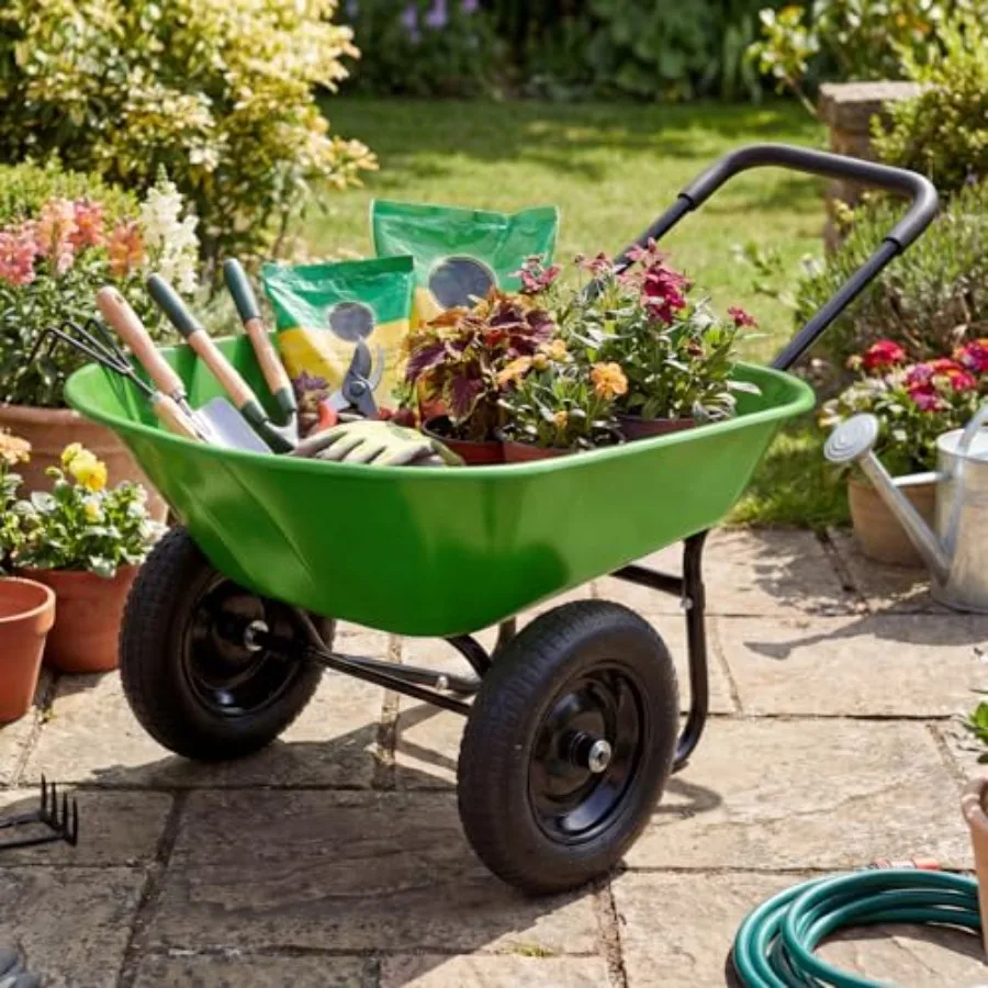 Garden yard cart for gardening tool, moving soil/wood/gravel/mulch: dual-wheel wheelbarrow with 14-inch pneumatic rubber tires,