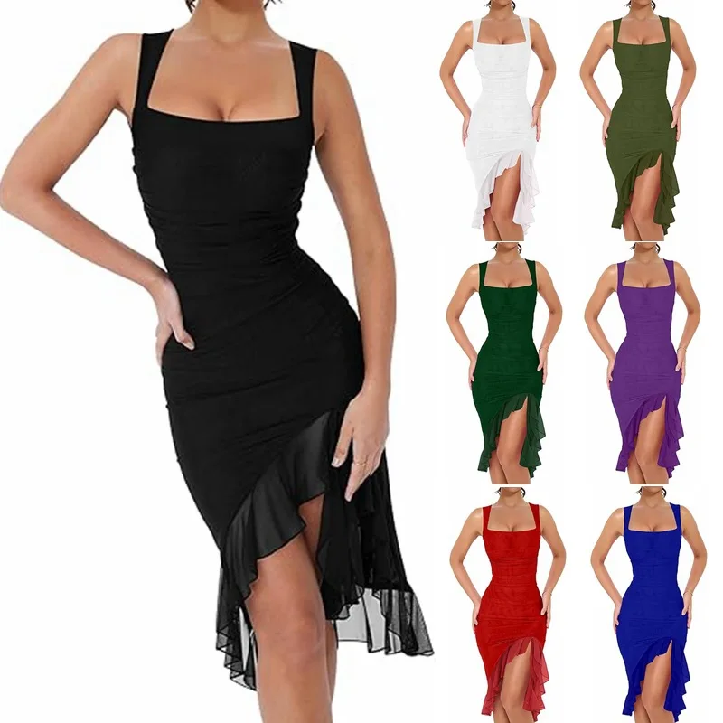 

Square Collar Sleeveless Pleated Double Mesh Stitching Mid-length Dress Woman