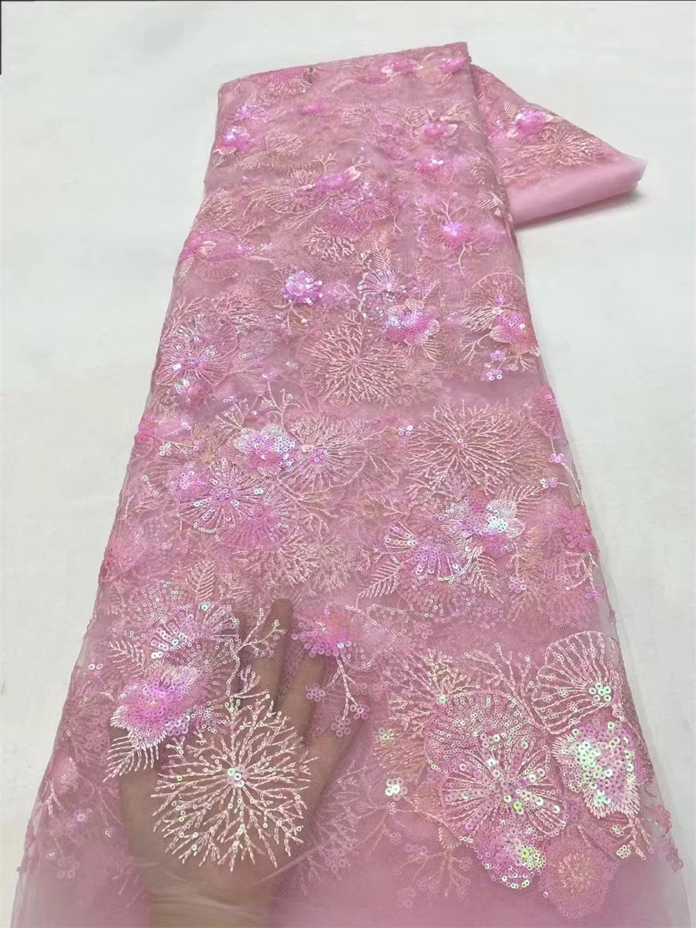 

PINK Luxury African Sequin Lace Fabric, French Net Sequence, 3D Embroidery, Nigerian Party, Gold Line Material, New, 2024