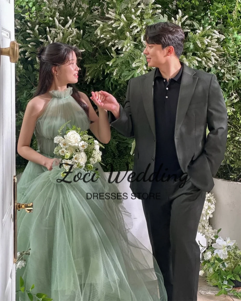 Eleganckie koreańskie suknie wieczorowe Zoci z wysokim dekoltem typu halter, tiulowe, zielone suknie ślubne, szyte na miarę, bez rękawów, koreańskie suknie do sesji zdjęciowych 웨딩드레스