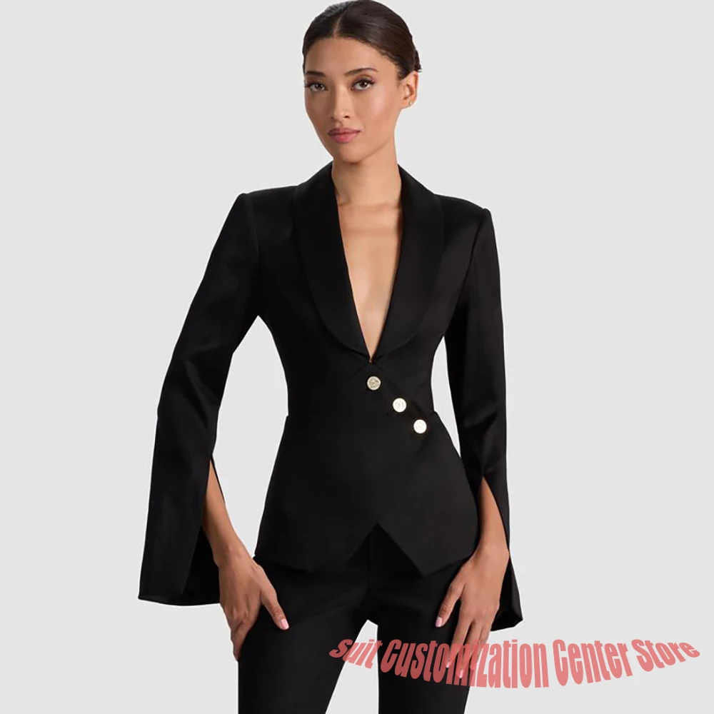 Black Slim Fit Women's Sets Single Breasted Shawl Lapel Blazer Pants Set Business Office Lady 2Piece Ensemble Professional Looks