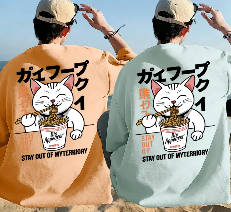 Cat Who Likes To Eat Cup Noodles Print Cotton Summer Daily T-Shirt Suit Men Korean Soft Streetwear Breathable Short Sleeve