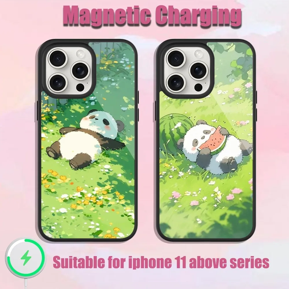 

Cartoon Panda Cute Phone Case For iPhone 13 15 11 12 14 Plus Pro Max Glass Charging Magsafe Magnetic Cover