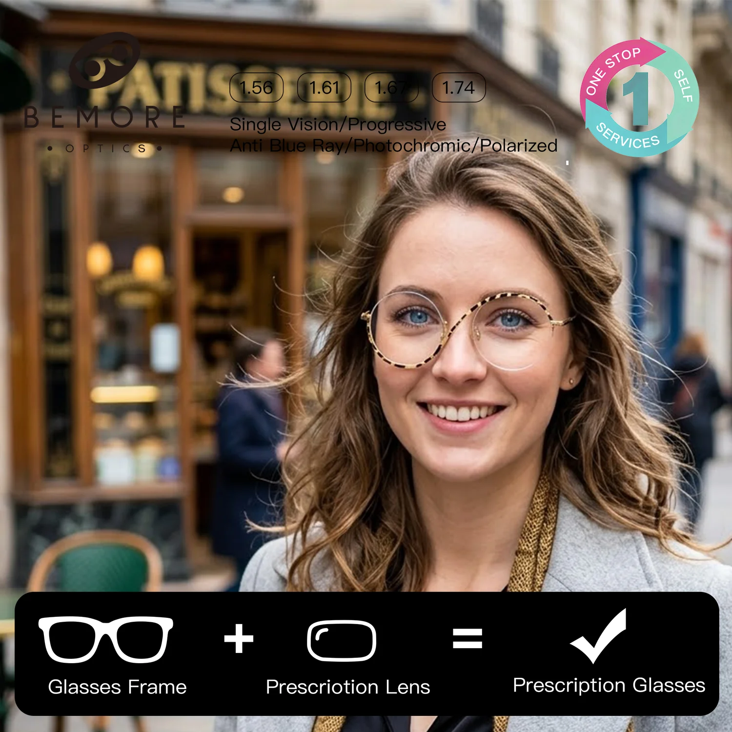 

BEMORE Half-Rimless Round Progressive Multifocal Glasses Blue Light Blocking Photochromic Brown Optical Eyewear