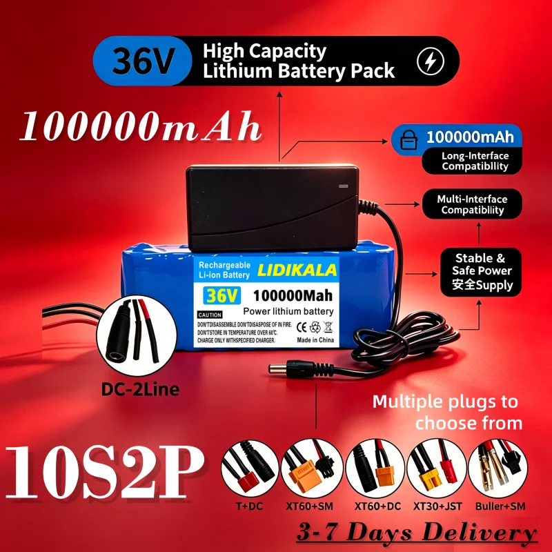 Pacco batterie al litio 18650, 36V, 100000mAh, per biciclette modificate, batteria ricaricabile per veicoli elettrici, configurazione 10S2P + caricabatterie.