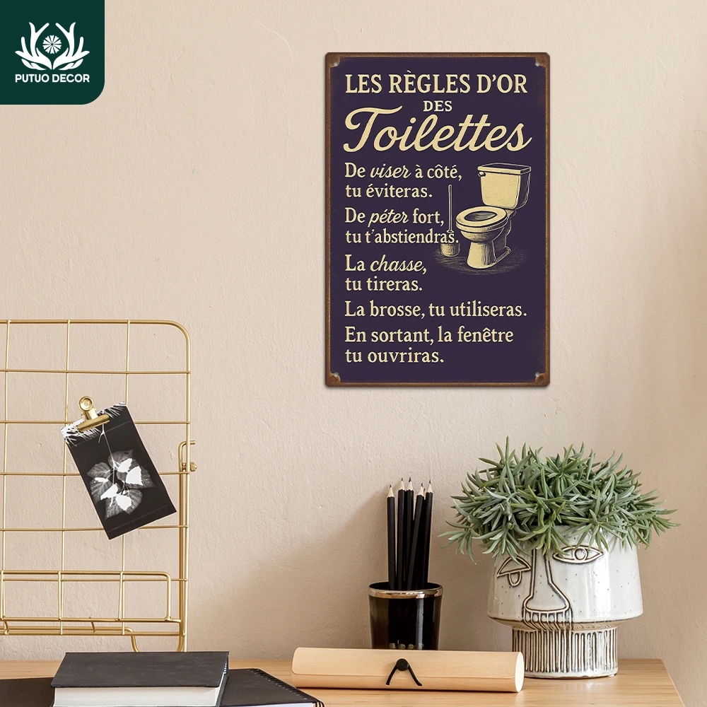 Letrero Metálico Vintage Francés de Putuo Decor, LES RÈGLES D’OR DES TOILETTES, Decoración de Pared para Hogar, Cafetería, Oficina, Bar, Regalo