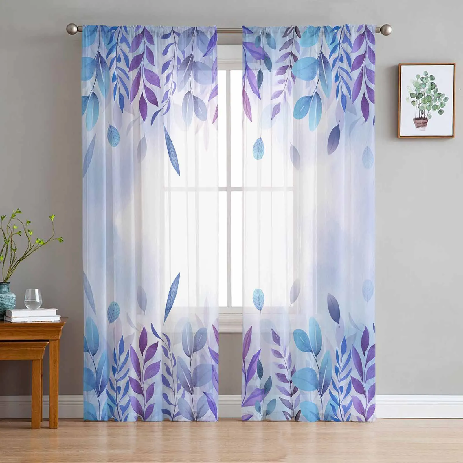 

Plant Fallen Leaves Blue Purple Watercolor Dyed Rural Sheer Curtains for Living Room Modern Tulle Curtain Bedroom Voile Drapes