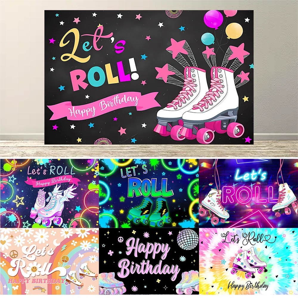 

Roller Skating Shoes Backdrop Kids Birthday Party Decor 80s 90s Pink Roller Skating Neon Lights Rainbow Disco Party Supplies
