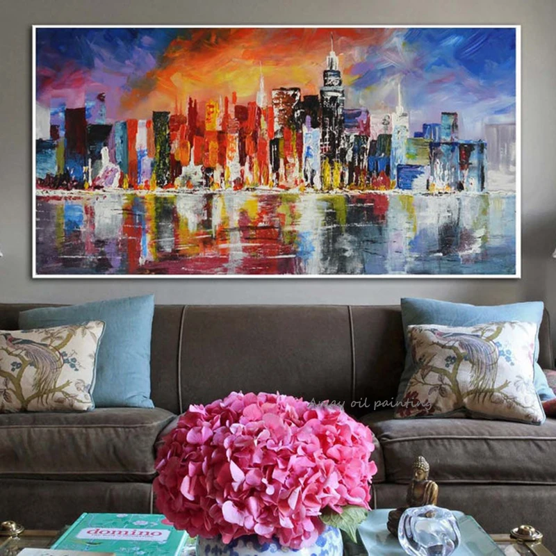 Impressionist Skyline Oil Painting, Thick Palette Knife City Reflection Handmade Wide Canvas Interior Art