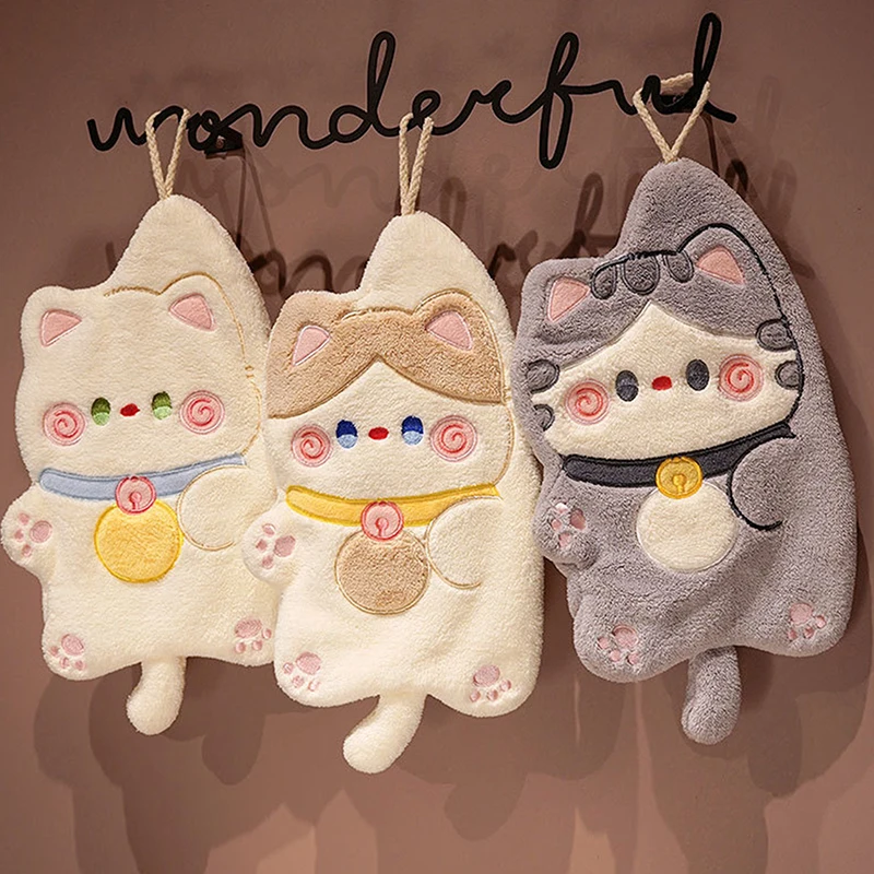 Cartoon Cat Hand Towels Cute Animal Bathroom Hanging Towel Soft Absorbent Wipe Cloth Quick Dry Children Kids Bathing Towel