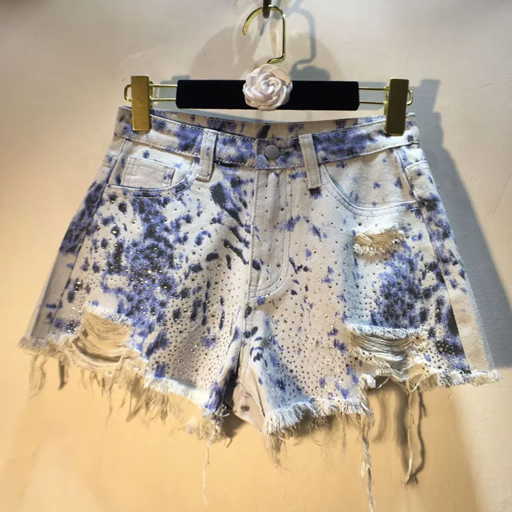 

Джинсовые шорты с принтом тай-дай, женские повседневные прямые джинсы с высокой талией, летние свободные универсальные полубрюки, женская уличная одежда