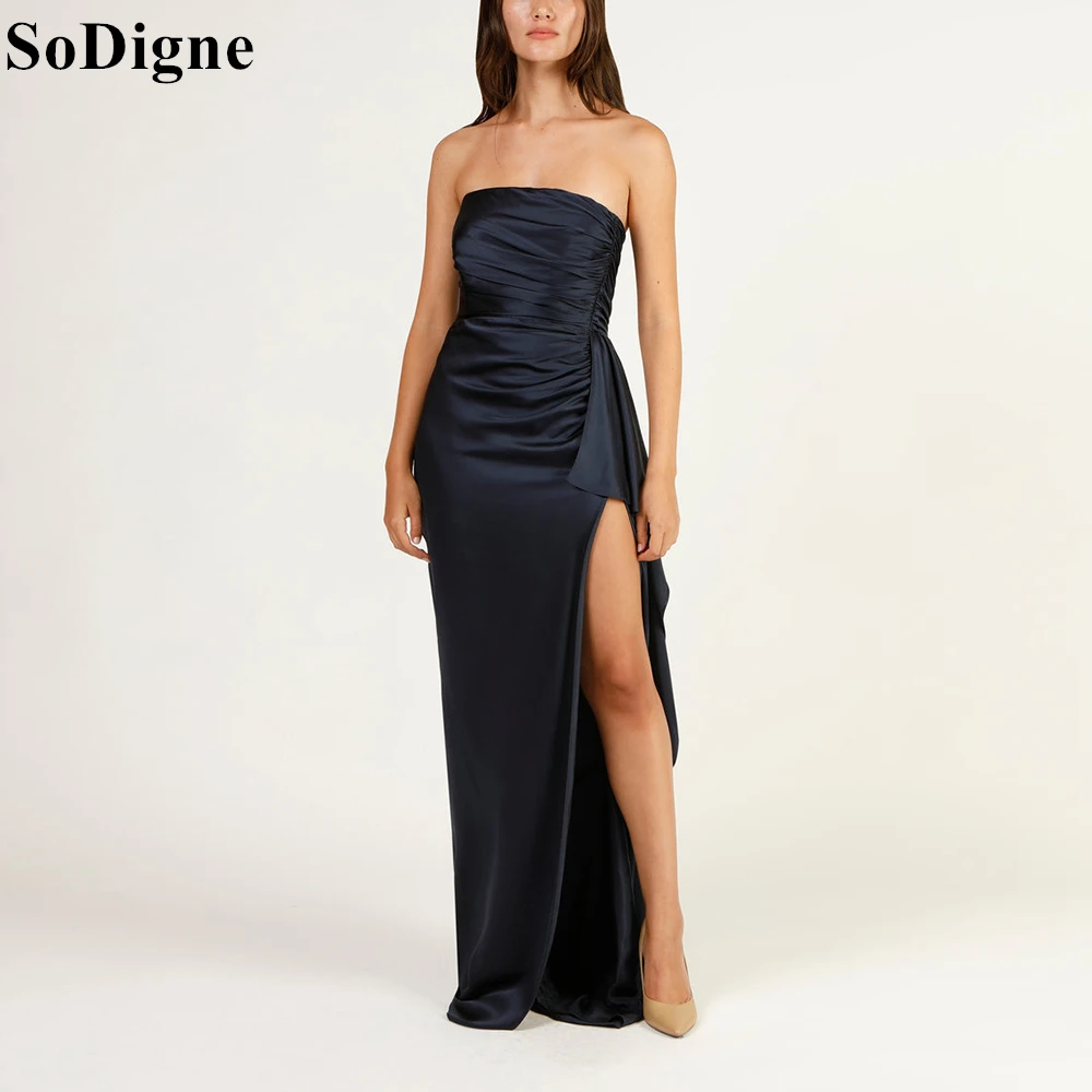 

SoDigne Elegant Black Satin Evening Dresses Ribbon Strapless Draped Side Slit Mermaid Party Dress 2024 Prom Gowns Customized