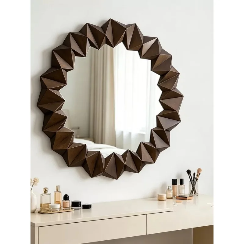 

European-style wooden irregular hotel bathroom mirror, ancient-style round bedroom makeup mirror, decorative mirror