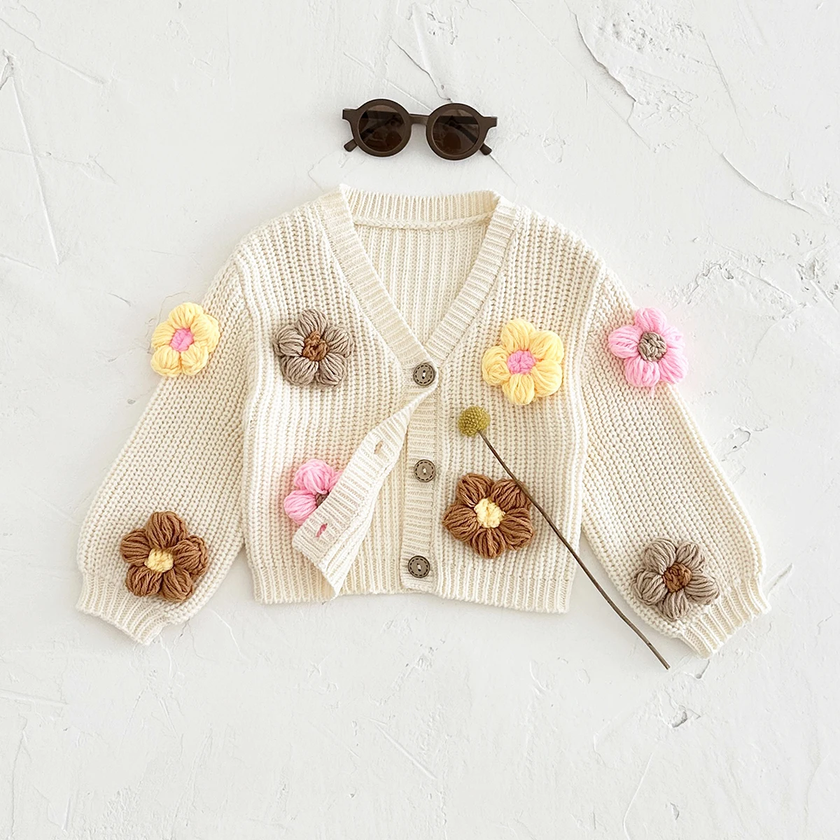 Autumn Winter Baby Top Girls Baby Sweaters Loose Cardigan Coat 3D Flower Handmade Korean Newborn Baby Clothes 0-3Y