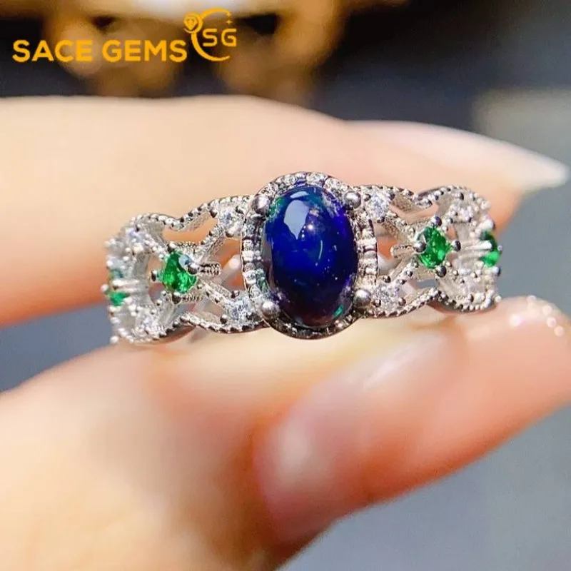 

SACE GEMS Fashion 925 Sterling Silver 5*7mm Natual Opal Luxury Rings for Women Created Wedding Engagement Party Fine Jewelry