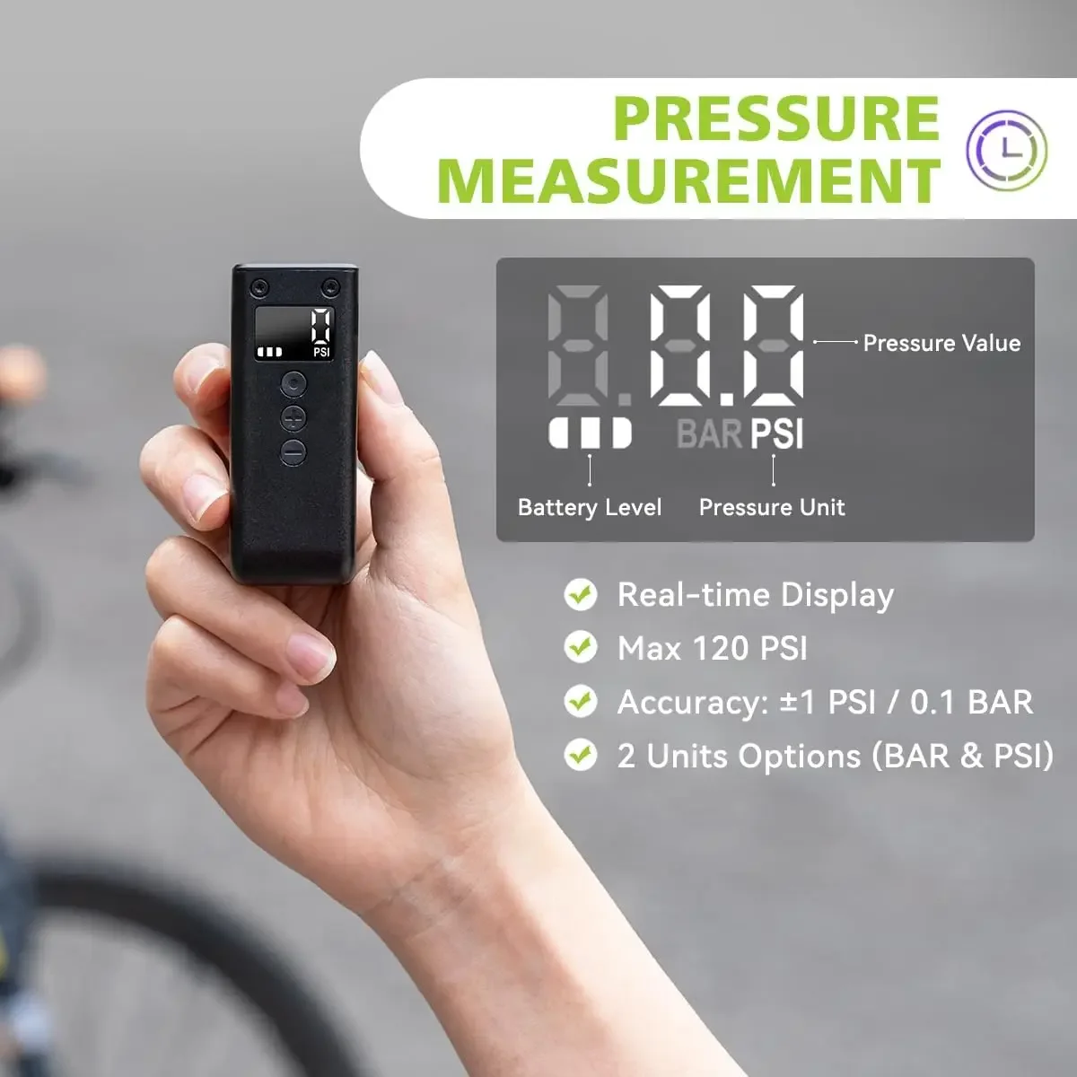 Tiny Pump Mini Bike Tire Pump with Gauge, Max 120 PSI Electric Bicycle Air Pump, Auto Stop, with Presta and Schrader Valve for E