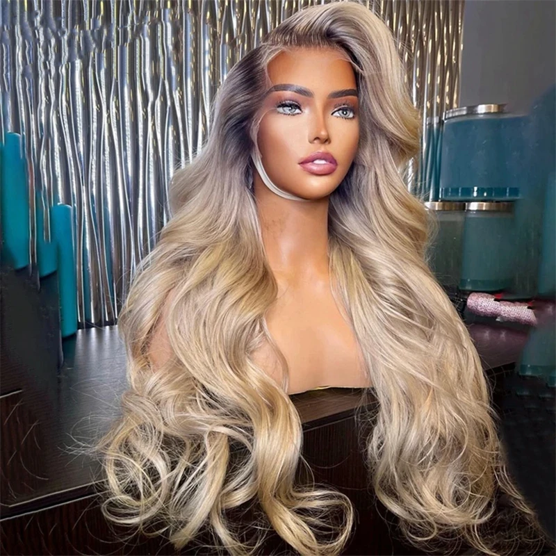 Ombre Platinum abu pirang berwarna gelombang tubuh 13X4 HD transparan renda depan Wig rambut manusia Wig Frontal Remy Brasil dijual