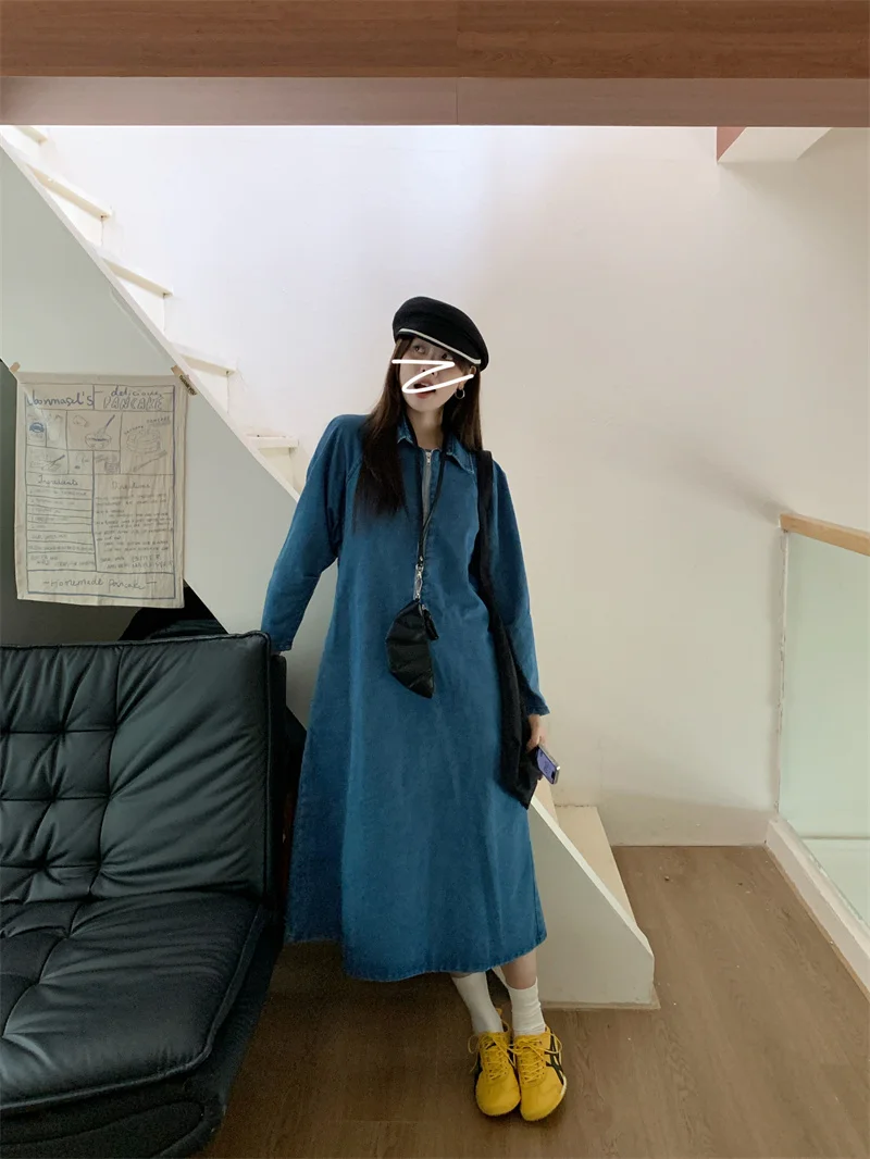 

French Elegant New Women Denim Dress Retro Turn Down Collar Zipper Long Sleeve A Line Loose Long Dresses Vestidos De Mujer