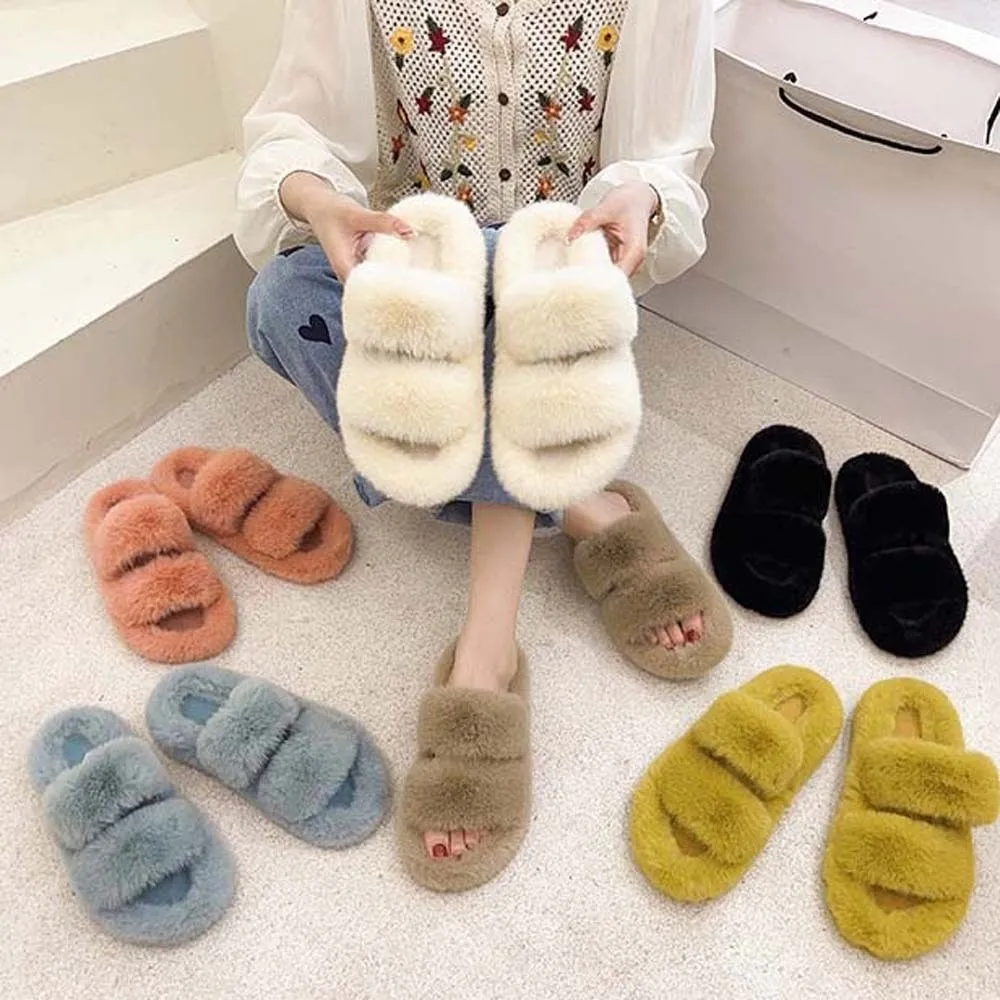 

Casual Soft Winter Open Toe Slippers Anti-slip Double-bar Cotton Slippers Solid Color Thickened Warmer Home Cotton Shoes Autumn