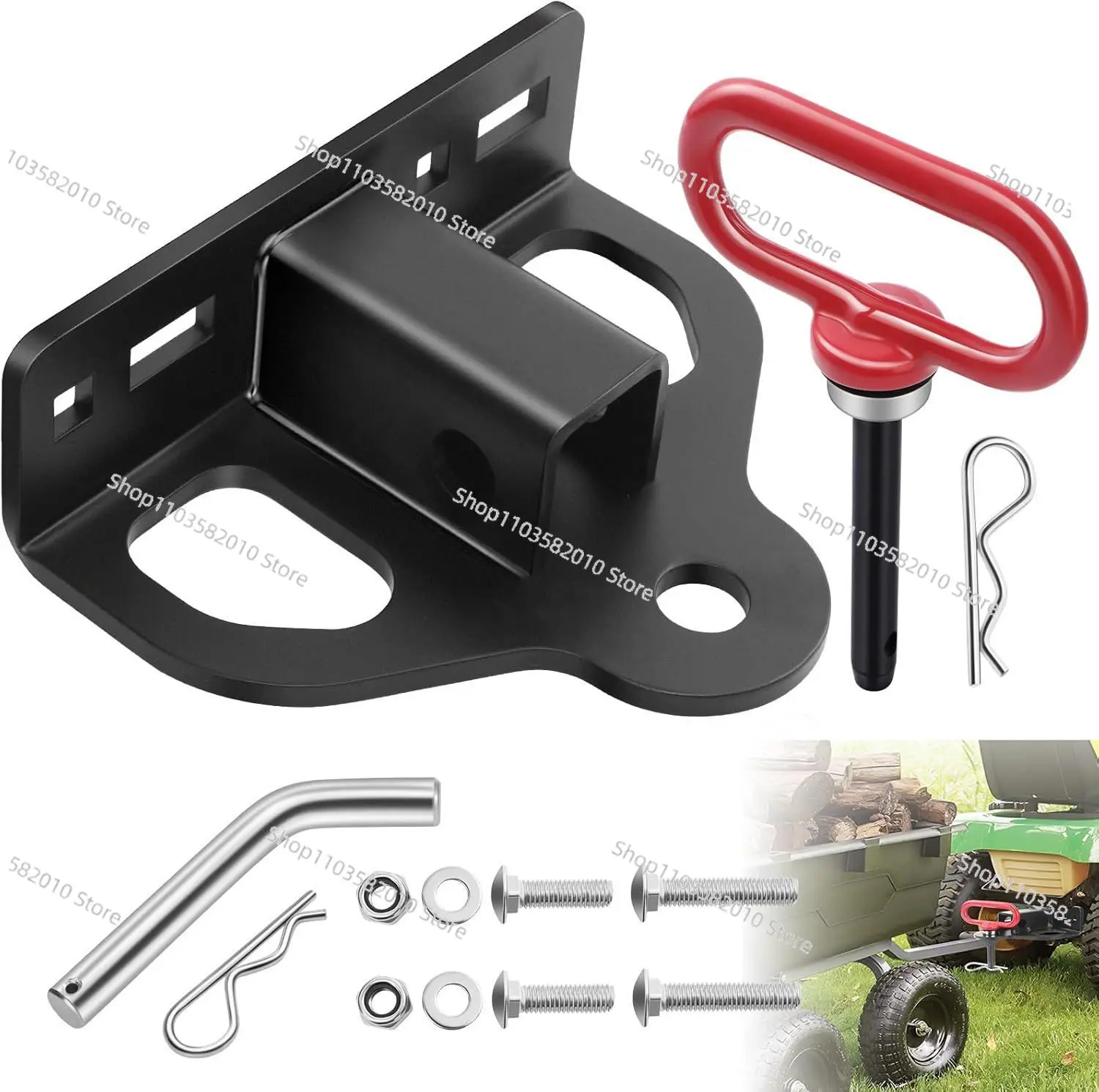 Universal Lawn Mower Attachment, Heavy Duty Steel Trailer Receiver with Chain Slot & Sturdy Bolts, Trailer Parts