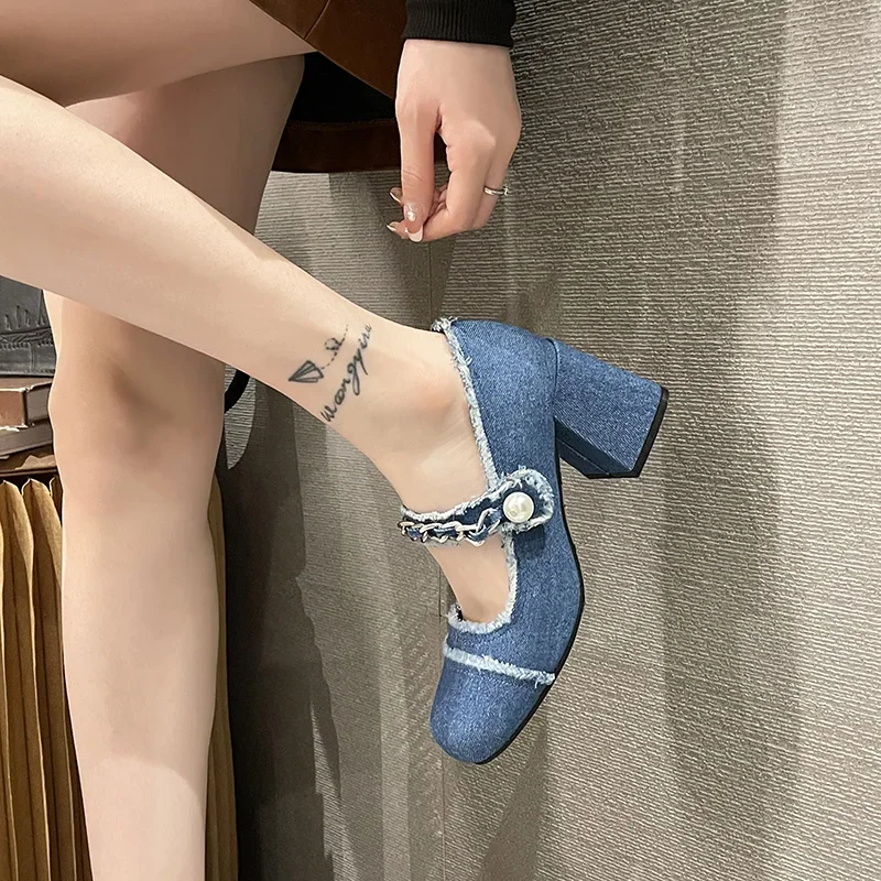 Round Toe High Heel Sandals Women Denim Cloth Pearl Metal Chain Decor Single Shoes Slingback Pumps Spring Retro Party blue Shoes