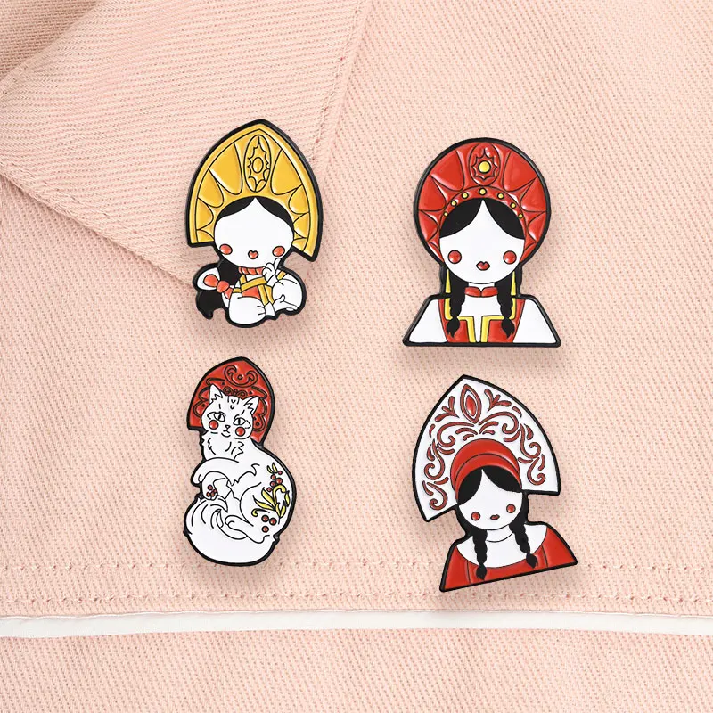 Russischer Folklore-Kokoshnik-Kopfschmuck, Emaille-Anstecknadel, Russische Charakteristische Traditionelle Kostüm-Brosche, Taschen- und Revers-Abzeichen, Schmuck – Detail 10