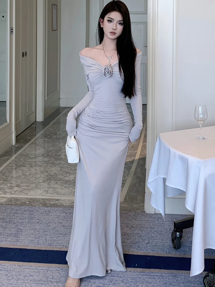 Abito lungo sexy da donna a maniche lunghe con scollo a barchetta Abito lungo sexy autunno inverno Abito da sera di lusso Hepburn vintage 2025 Abito aderente elegante