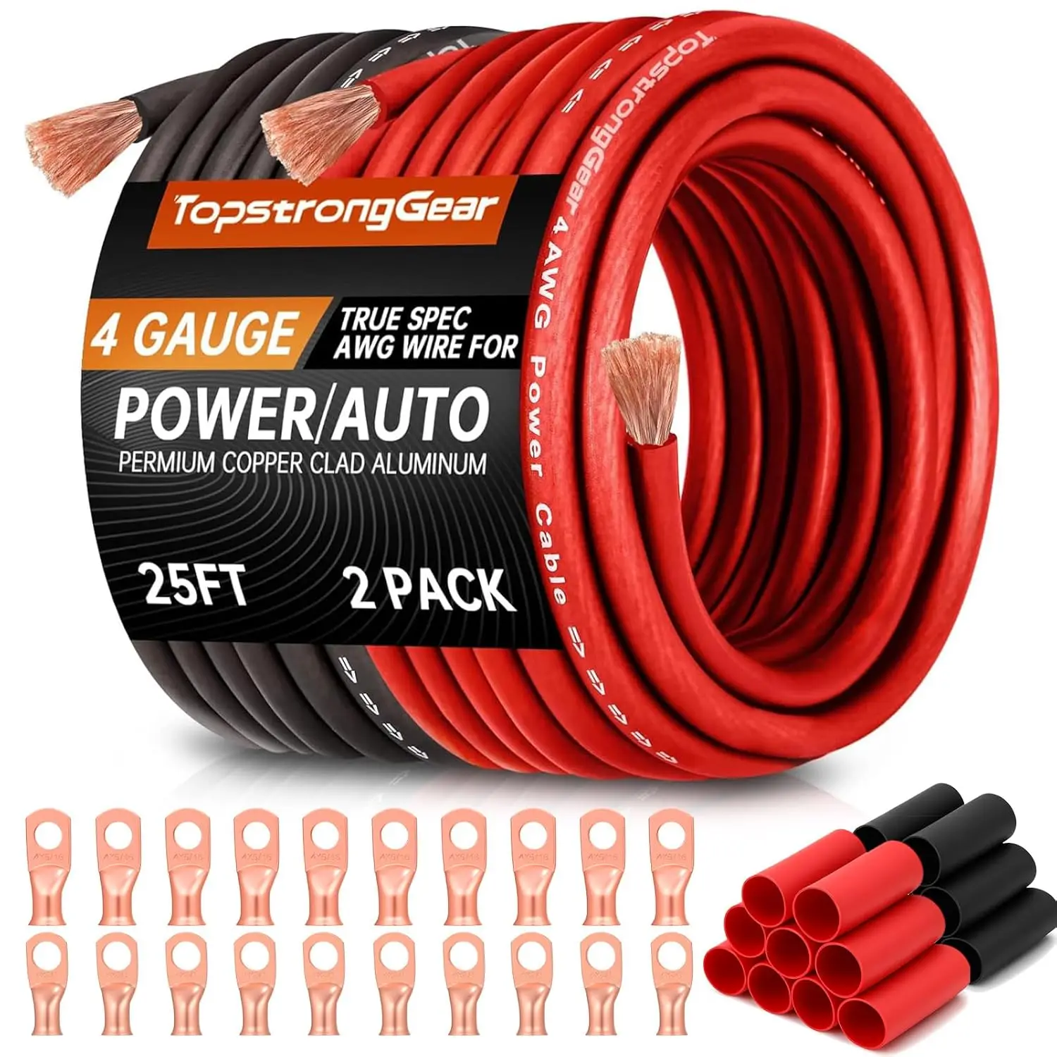 

4 Gauge Automotive Wire Kit 25FT Black/Red with 20 Lugs & Heat Shrink Wrap