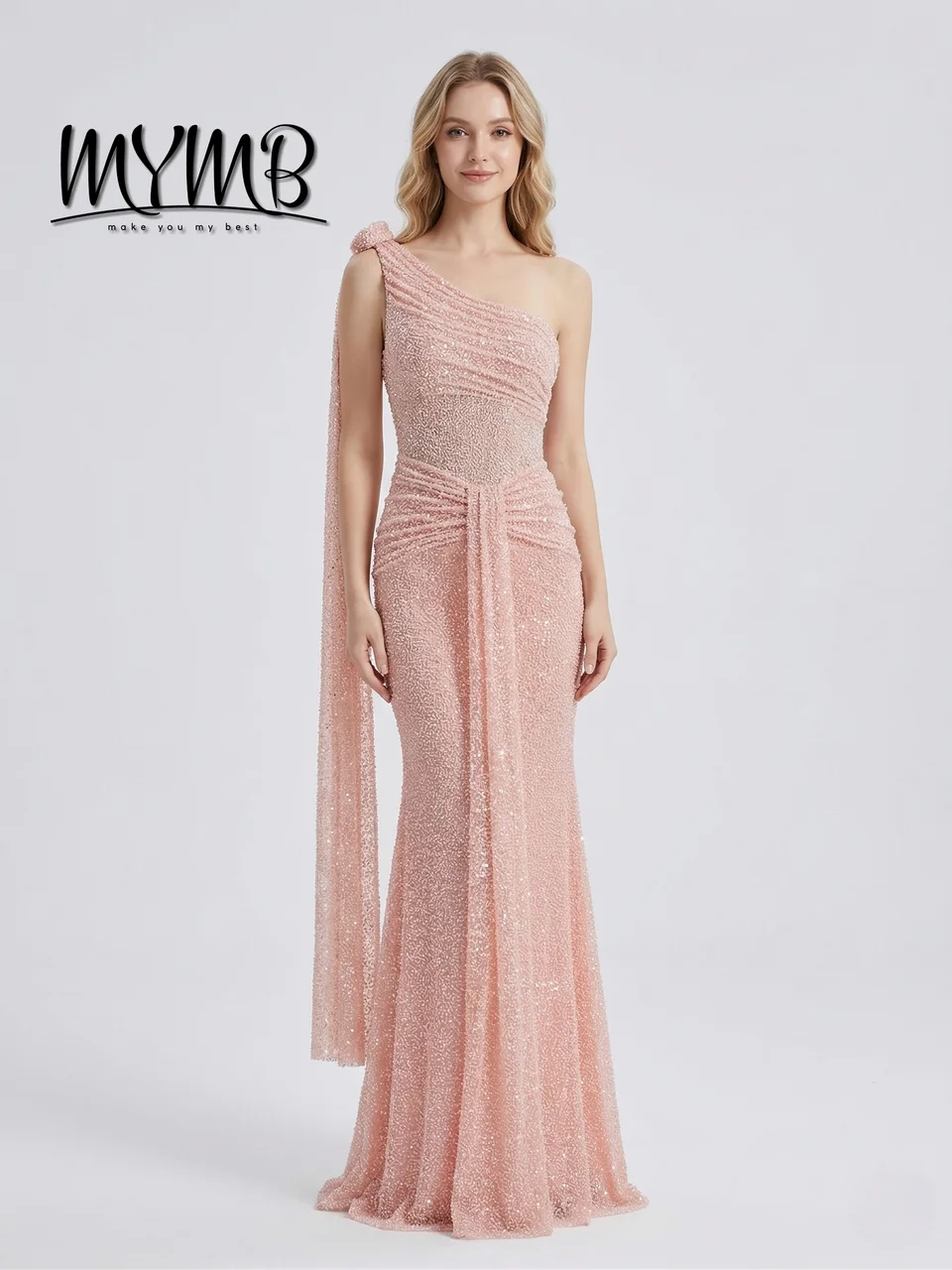 

MYMB Luxury One Shoulder Pink Sequin Prom Dress Shiny Ruched Waist Mermaid Evening Gown Long Floor Length Party Dresses MY30210