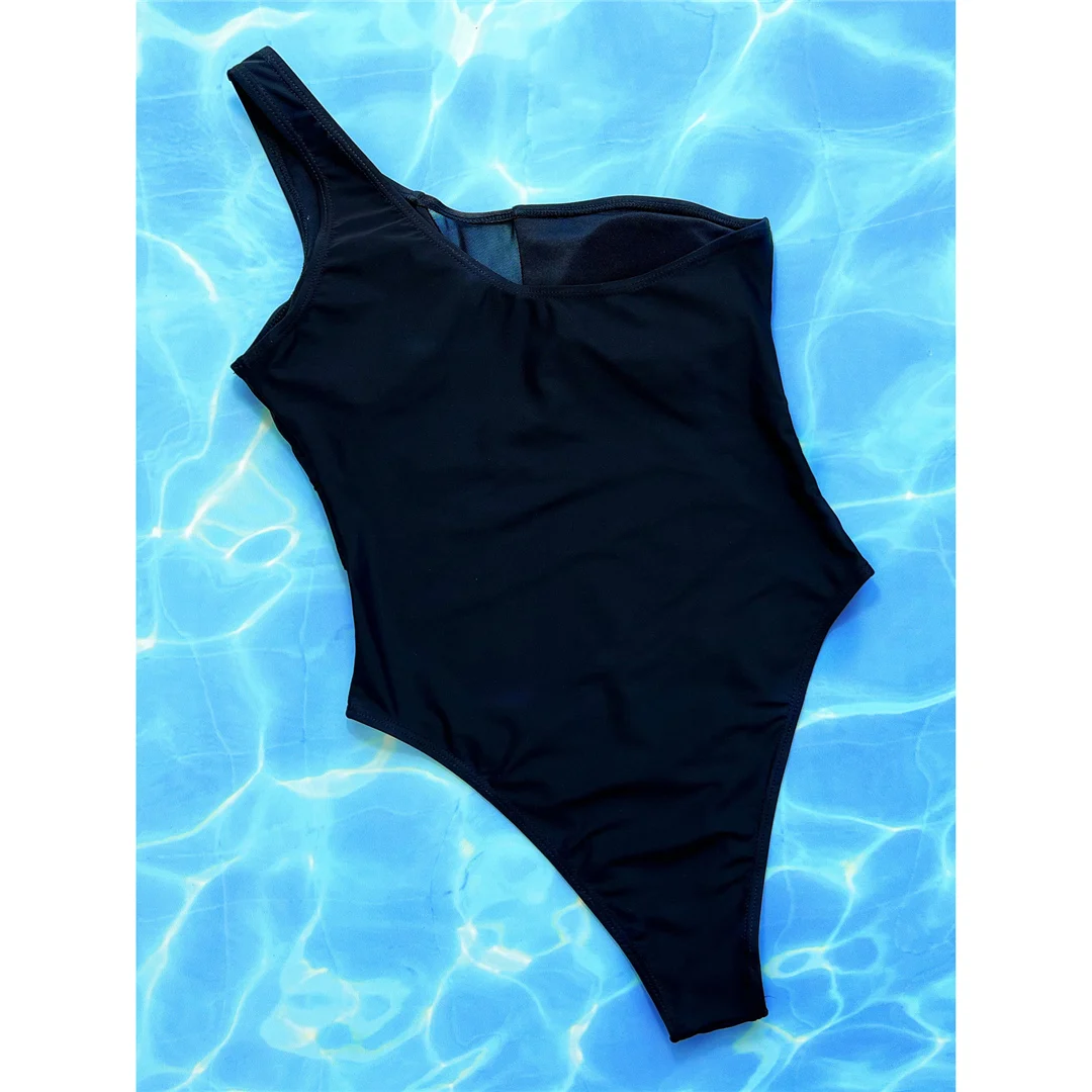 Einschultriger Badeanzug mit Mesh-Einsätzen, transparent, Damen, einteiliger Badeanzug, Monokini, hoher Beinausschnitt, Badebekleidung, Badeanzug, V4716 – Detail 10