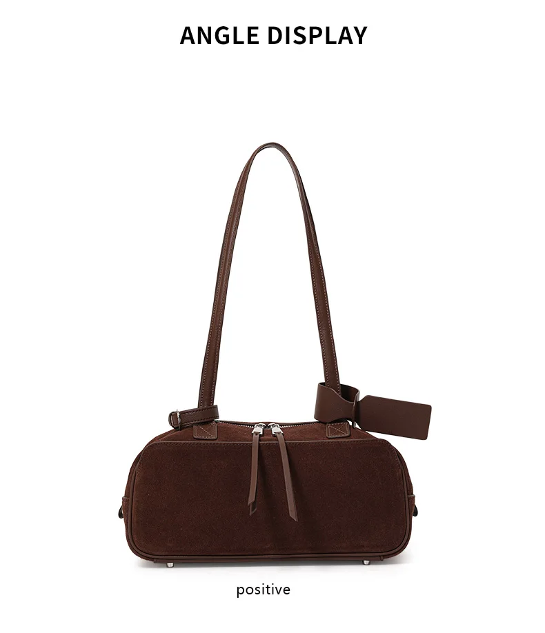 Echte Rindsleder-Damenhandtasche, Einzel-Schulter-Unterarmtasche, Wildleder-Gebürstete Bowling-Tasche – Detail 7