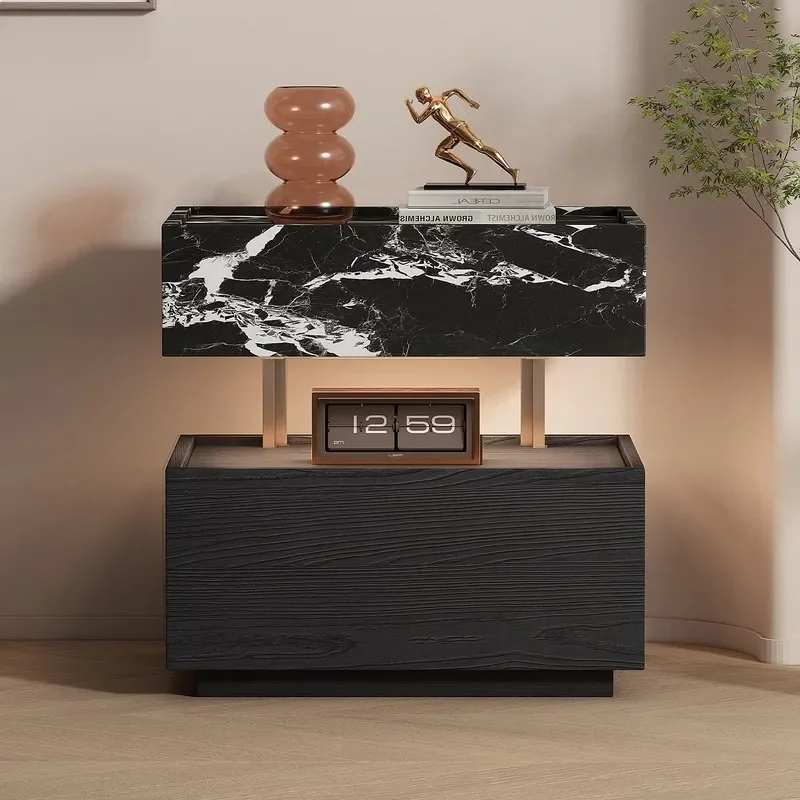 YT Italian Minimalist Nightstand Luxury Marble Texture Floating Sensor Light Bedroom Solid Wood Storage Side Cabinet