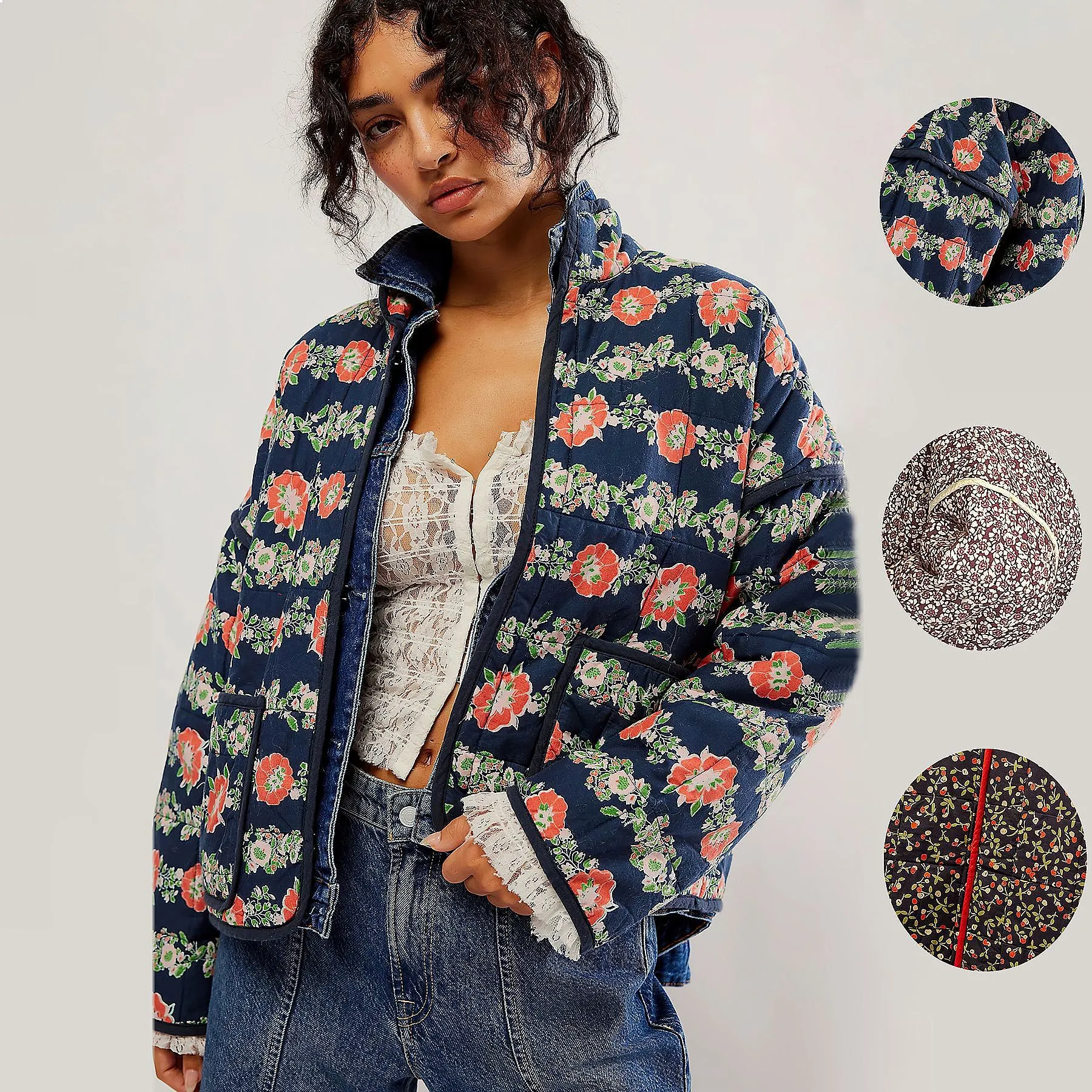Quilted Printed Color Block Cotton Coat Women Winter Outerwear Padded Coats