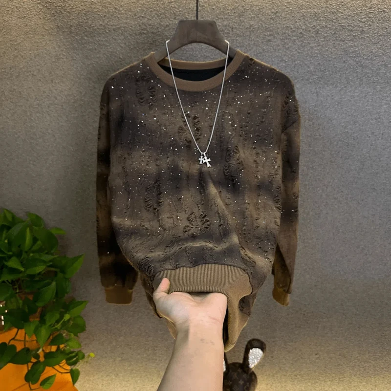 Gypsophila em torno do pescoço camiseta topo moda tendência luz luxo casual bonito moletom de manga comprida