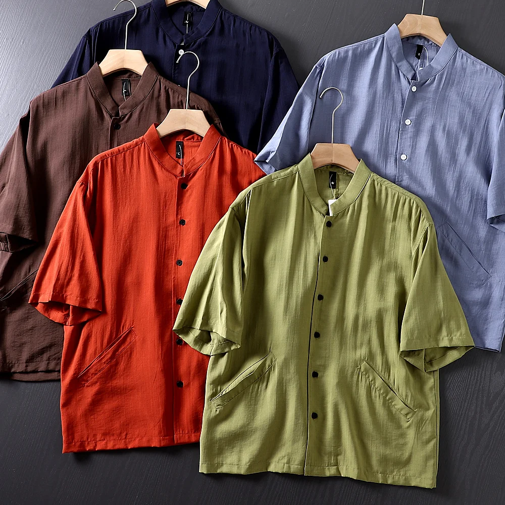 

Sle Thin ort Sve Casual irt Smooth Texture Loose Fit Summer Wear Breathable Stand Collar Men's Faion